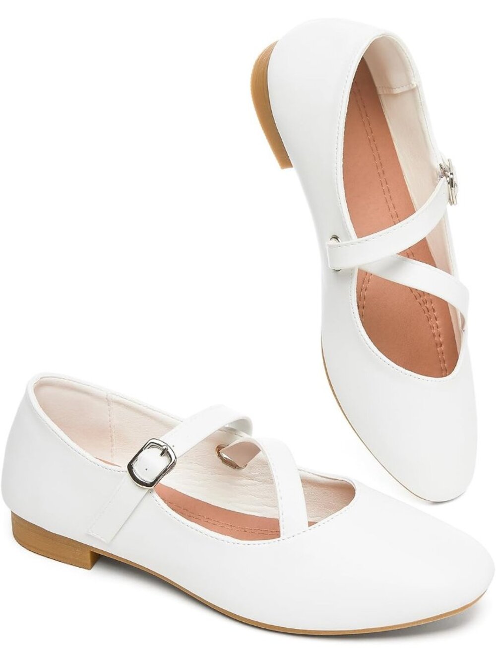 Women's White Rubber Cross Buckle Strap Ballet Flats Memory Foam Casual Shoes